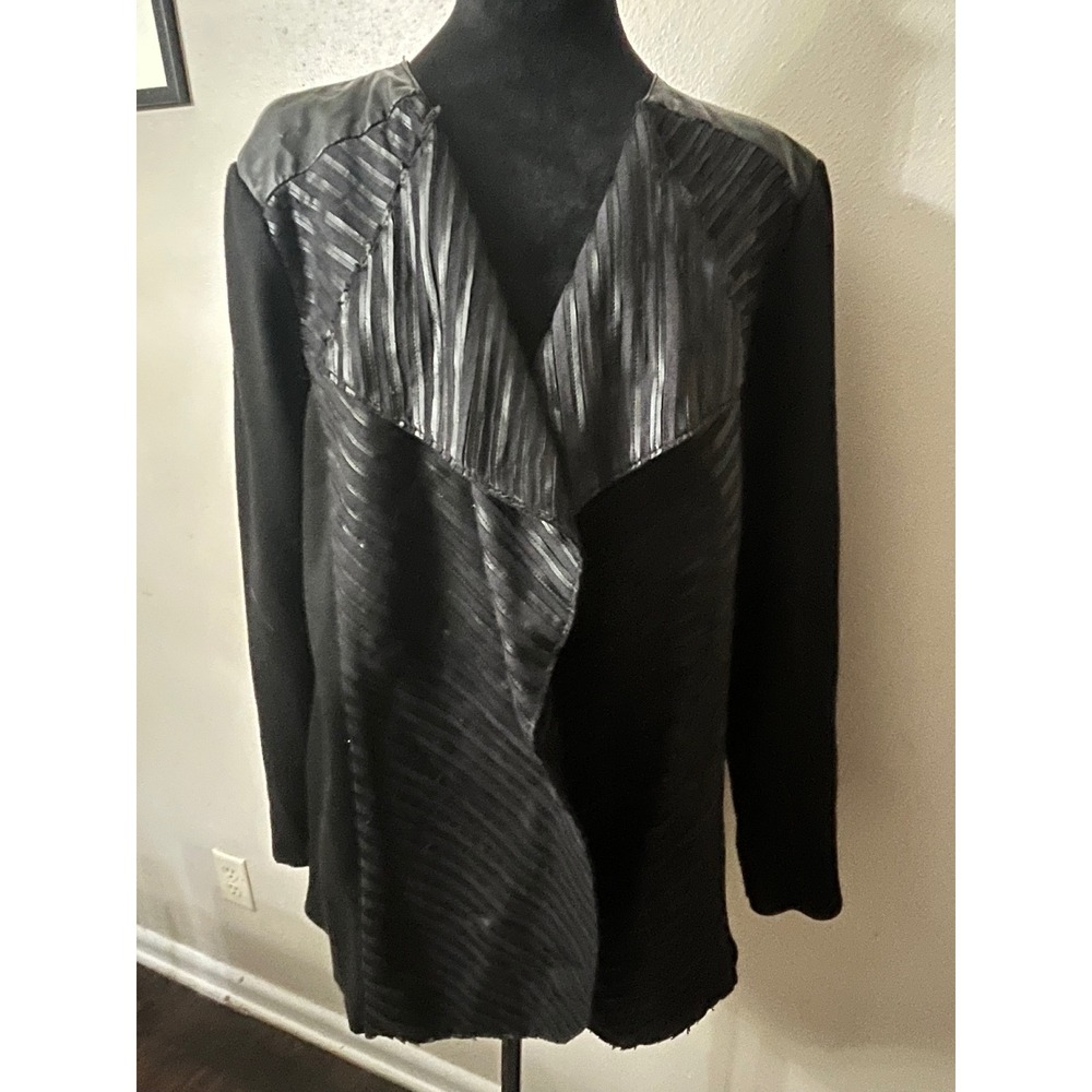 ALFANI Open Front Cardigan Faux Leather Trim Women 16W Black Edgy Mixed Media